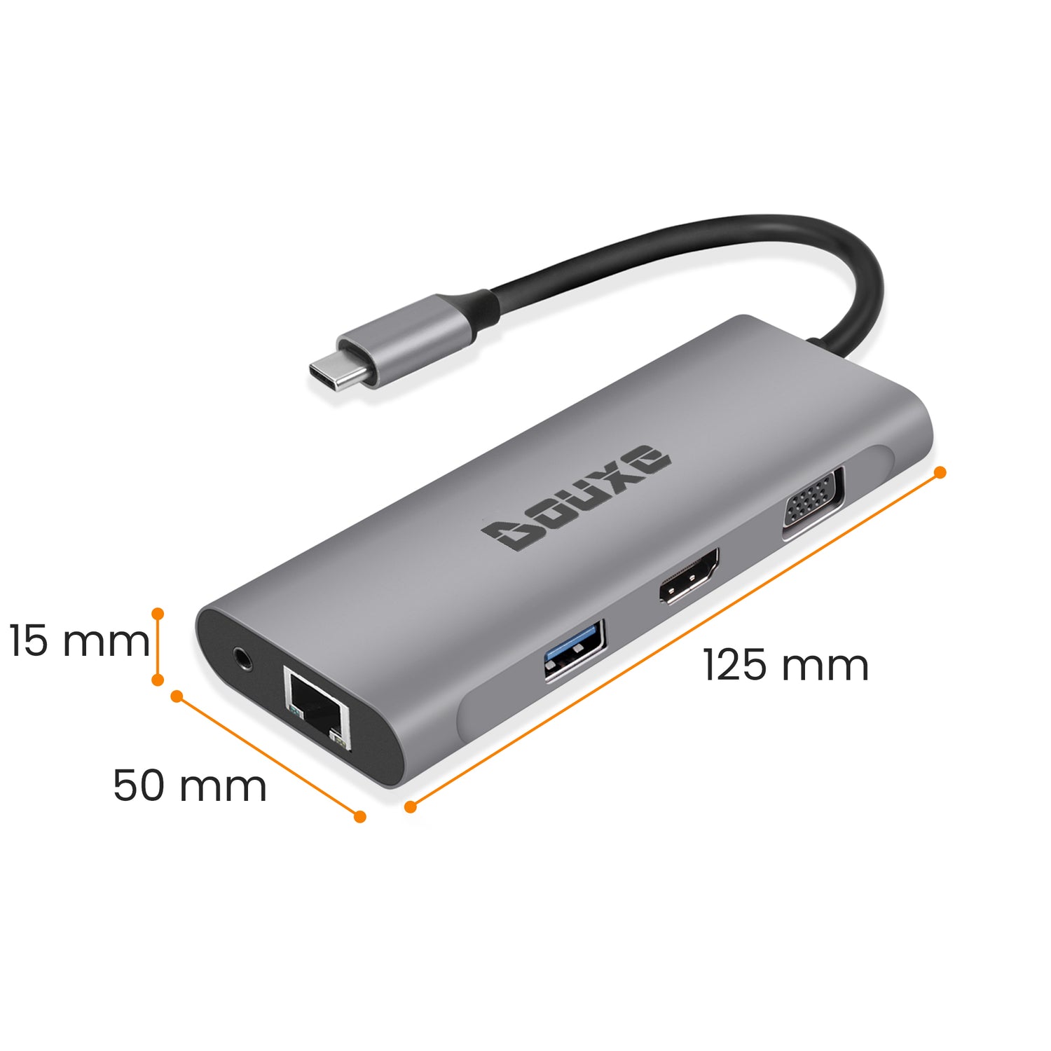 Afmetingen Douxe H19 USB-C Hub voor laptop.