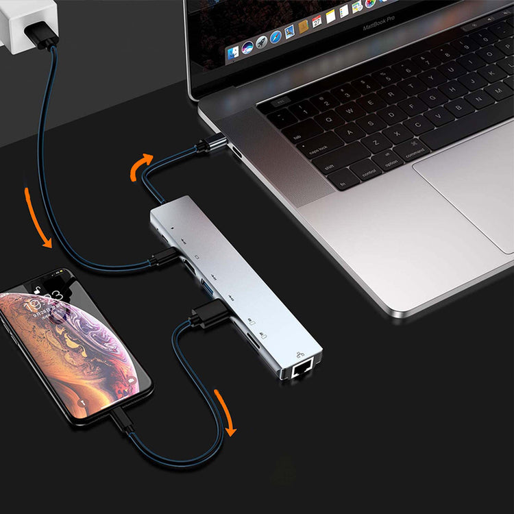 87W wattage USB-C Hub met 8 inputs en rj-45 ethernet aansluiting