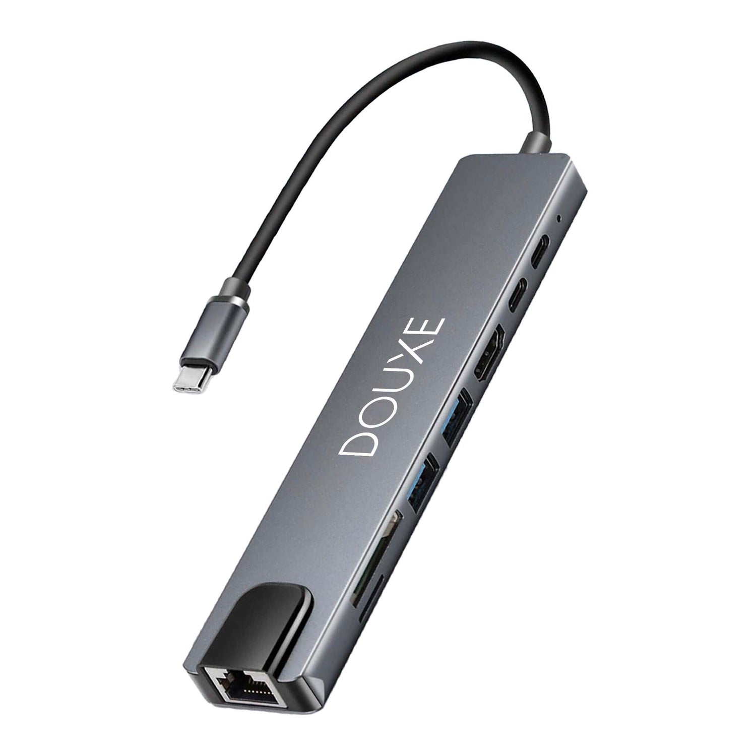 Douxe II8 USB-C Hub. 8 in 1 hub voor HDMI, USB-A, USB-C, Micro SD, TF Card reader en RJ-45 ethernet kabel
