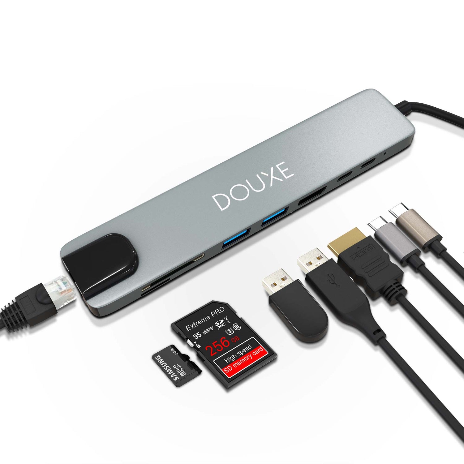II8 - USB-C to HDMI, USB-A, USB-C, SD & TF Card reader and RJ-45 – Douxe