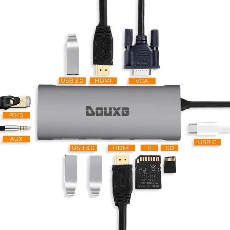 USB-C Hub voor RJ45 ethernet, AUX 3.55mm, USB A 3.0, USB C, HDMI, SD card, TF card reader en VGA